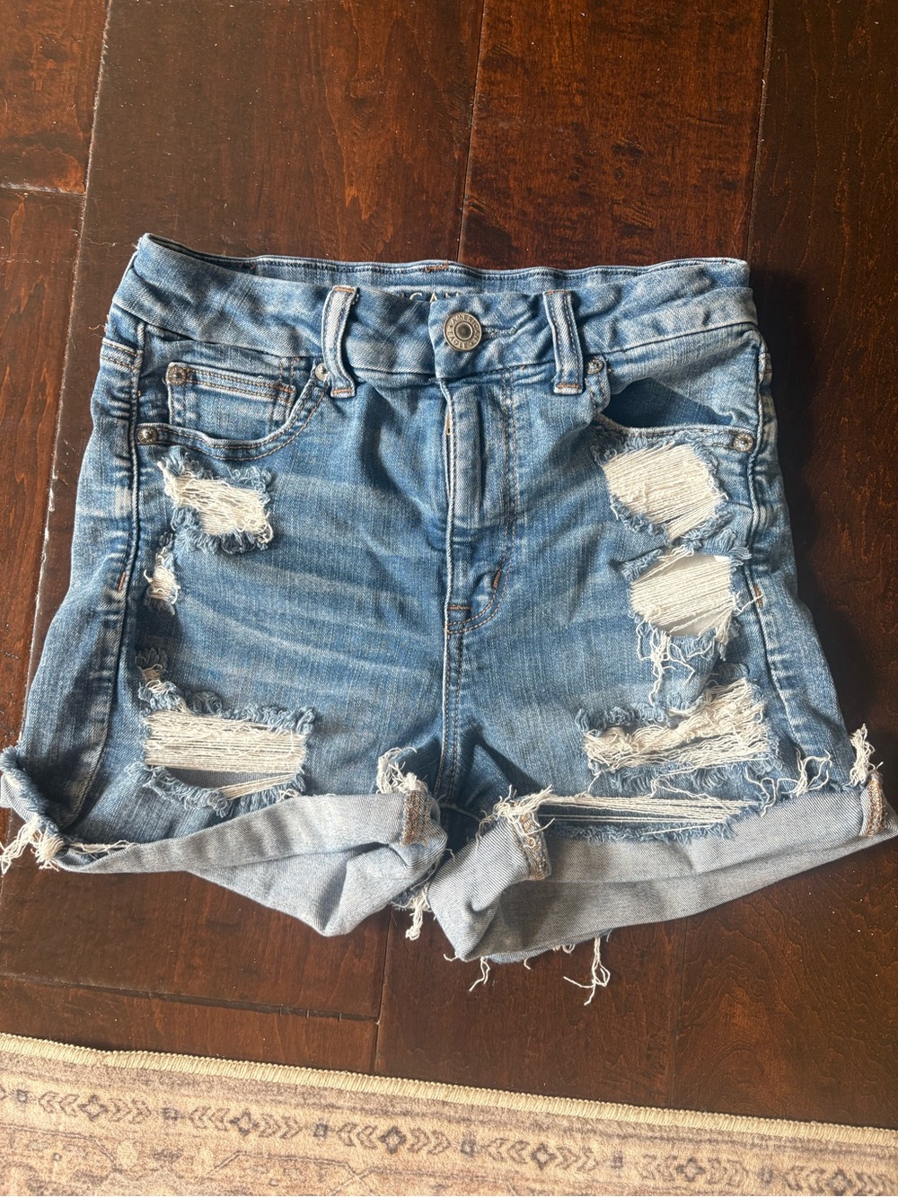 American Eagle Outfitters Medium Blue Ripped Denim Roll-Cuff Shorts
